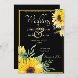 Girasoles en acuarela en invitación de boda negra