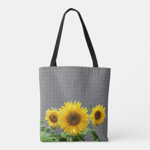 Girasoles en bolsa de mano con patrón de ajedrez e
