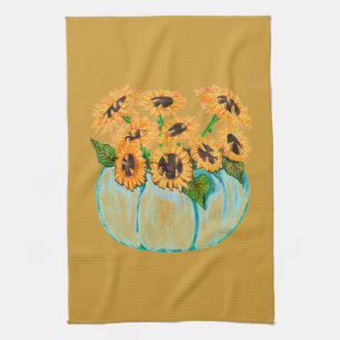 girasoles en toalla de cocina de calabaza azul