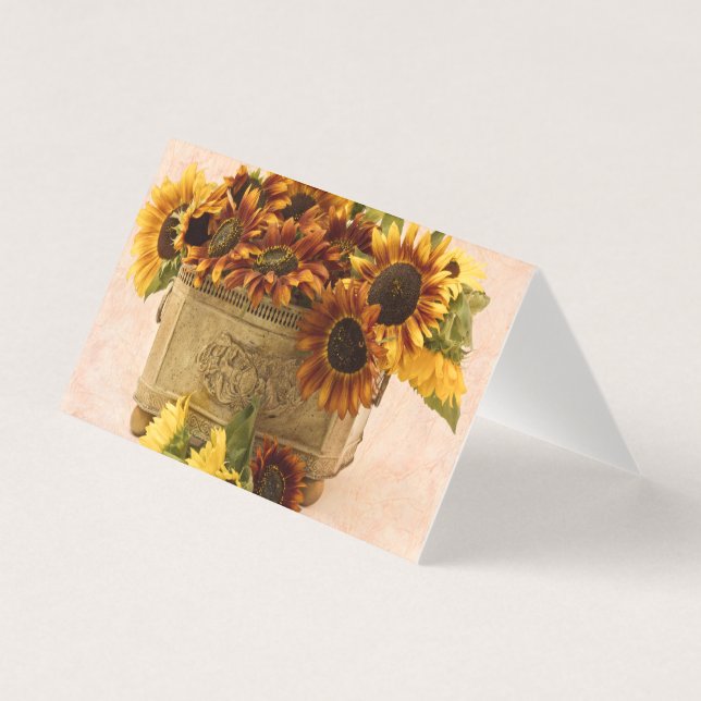 Girasoles naranjas en tarjeta de cesta de estaño (Anverso)