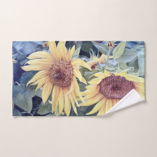Girasoles pintados con una abeja (Toalla de mano)