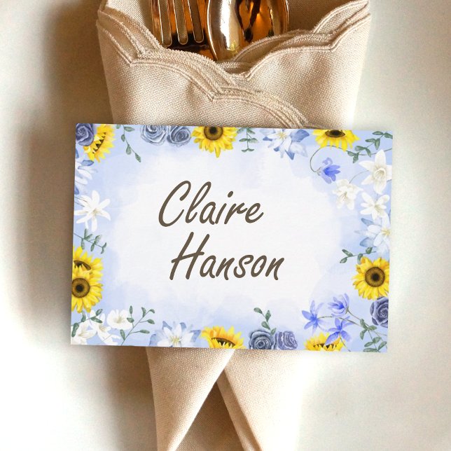 Girasoles, Rosas azules agitados Nombre Tarjeta Lu (dusty blue roses and yellow sunflowers wedding place cards, name reserved labels)