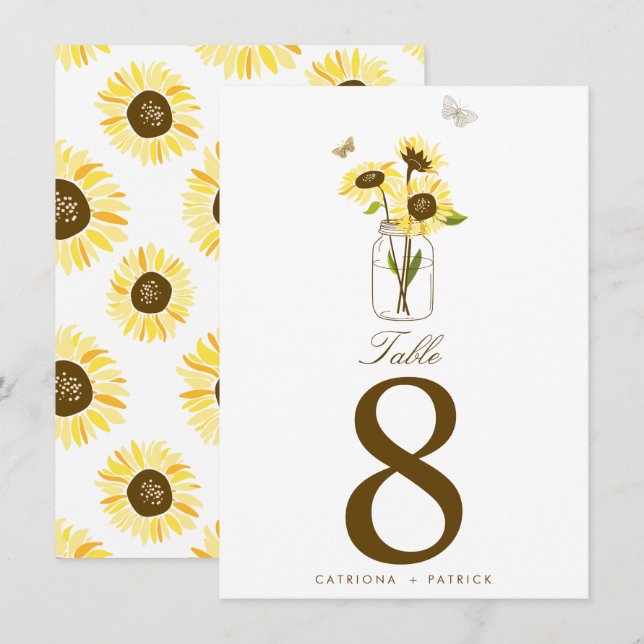 Girasoles Rústicos en Números de Mesa en Tarro de  (Anverso / Reverso)