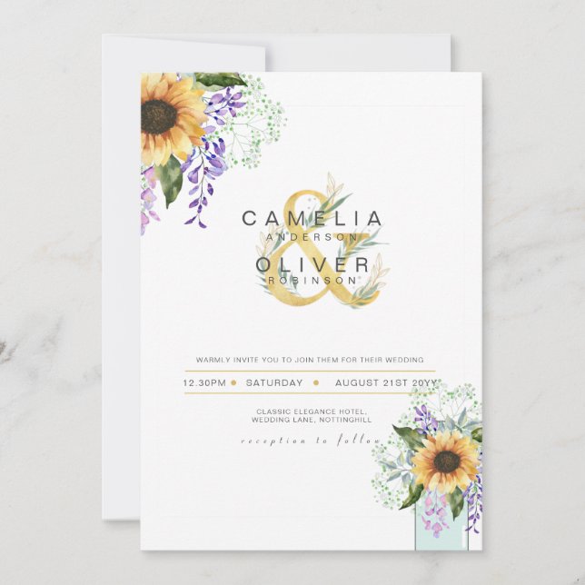 Girasoles Wisteria Púrpura Boda Moderna INVITACIÓN (Anverso)
