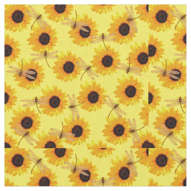 Girasoles y libélulas, tela de algodón (De cerca)