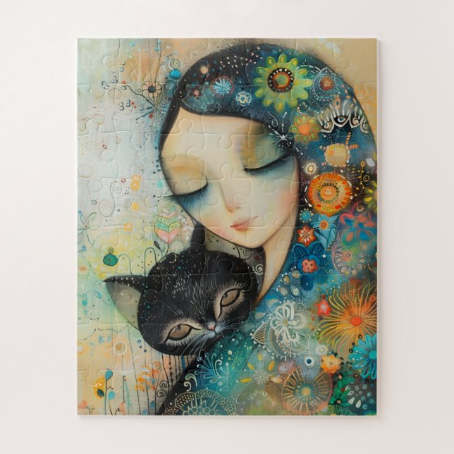 GIRL AND CAT ART JIGSAW PUZZLE (Vertical)