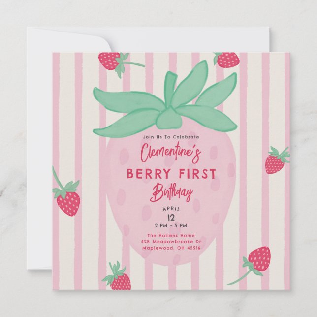 Girl Berry First Birthday Party Invitation (Anverso)