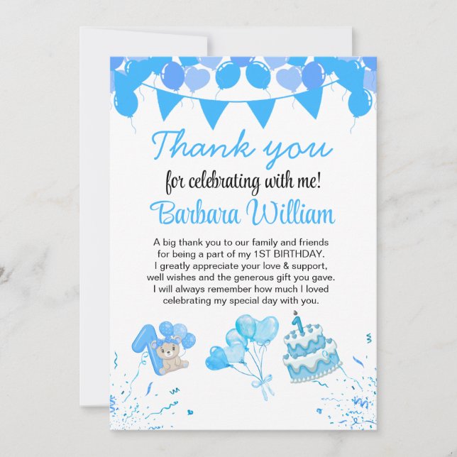 Girl Blue Bear 1st Birthday Thank You Card (Anverso)