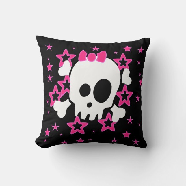 Girlie White Skull Cojín decorativo negro (Anverso)