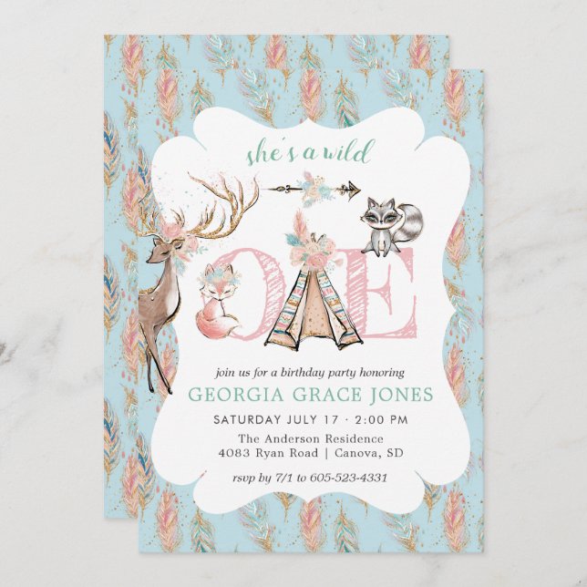 Girly Boho Wild One Birday Party Invitación (Anverso / Reverso)