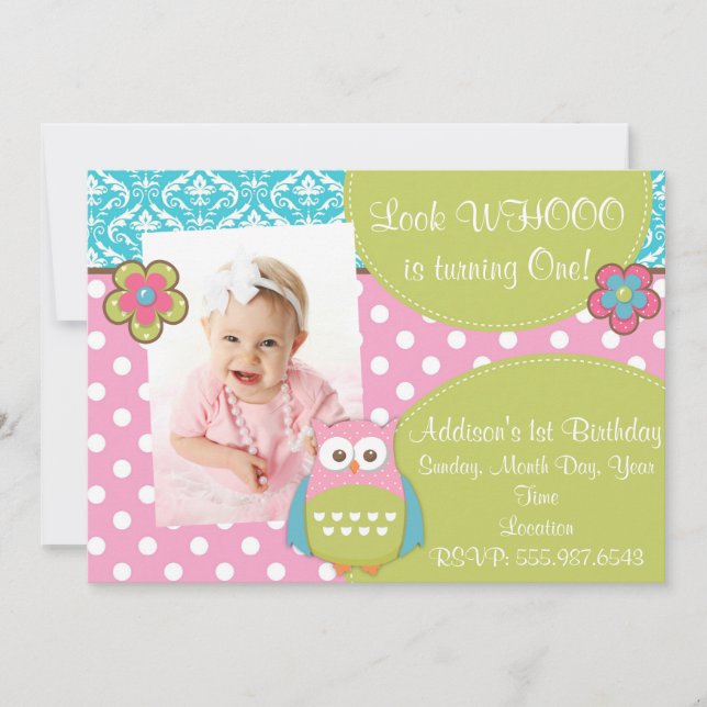 Girly Hoot Owl Diseño Invitación de cumpleaños (Anverso)