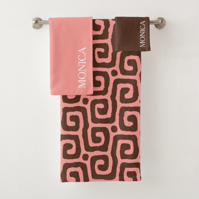 girly Pink  and brown Abstract Script Name Towel (In situ)