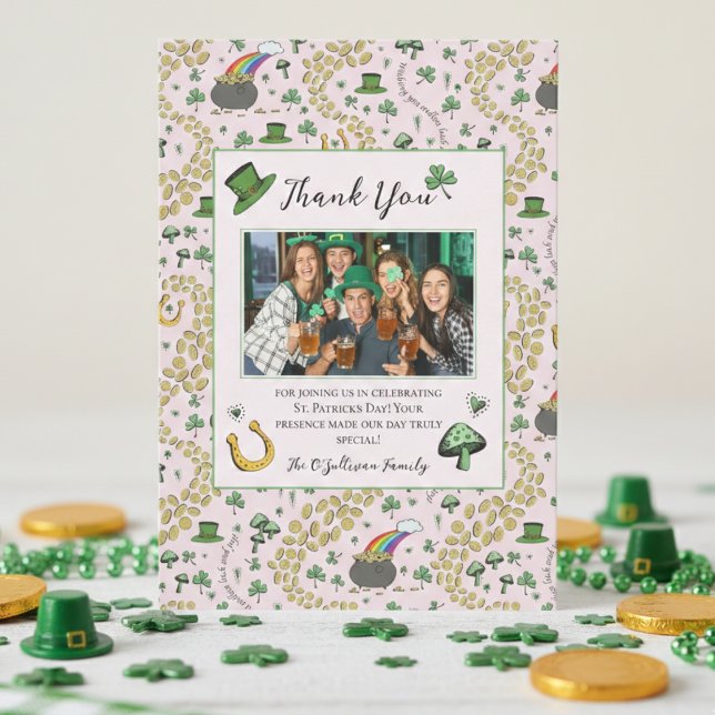 Girly Pink St Patricks Tarjeta De Agradecimiento I (Fun St Patrick's Day Party Thank You Cards. Irish Shamrock Green Clover Horseshoe Gold Coins Rainbow)