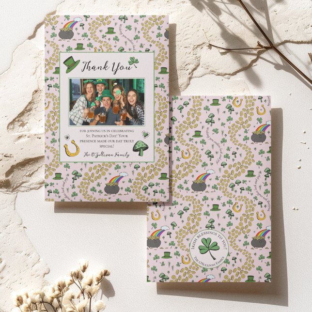 Girly Pink St Patricks Tarjeta De Agradecimiento I (St Patricks Day Custom Photo, Thank You Message and Name with Irish Blessing on Back of the Card. 
)