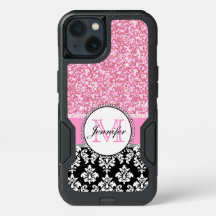Girly, rosa, Purpurina Damasco negro personalizado