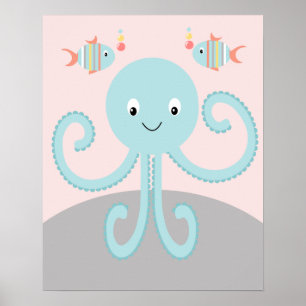 Girly Sea Ocean Life Poster de arte de pulpos rosa