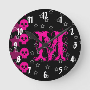 Girly Skull Punk EMO Monograma reloj de pared inic