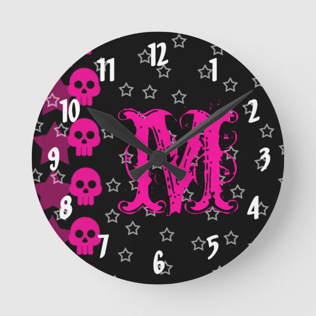 Girly Skull Punk EMO Monograma reloj de pared inic (Anverso)