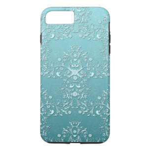 Girly Verde azulada Damask Aqua iPhone 7 funda