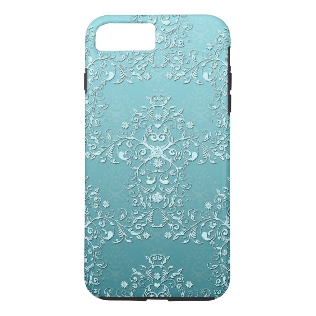 Girly Verde azulada Damask Aqua iPhone 7 funda (Reverso)
