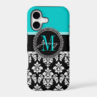 Girona Aqua Black Damask Su Monograma Nombre