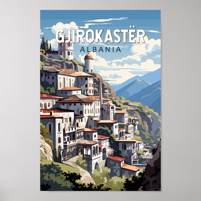 Gjirokaster Albania Vintage de arte de viajes (Frente)