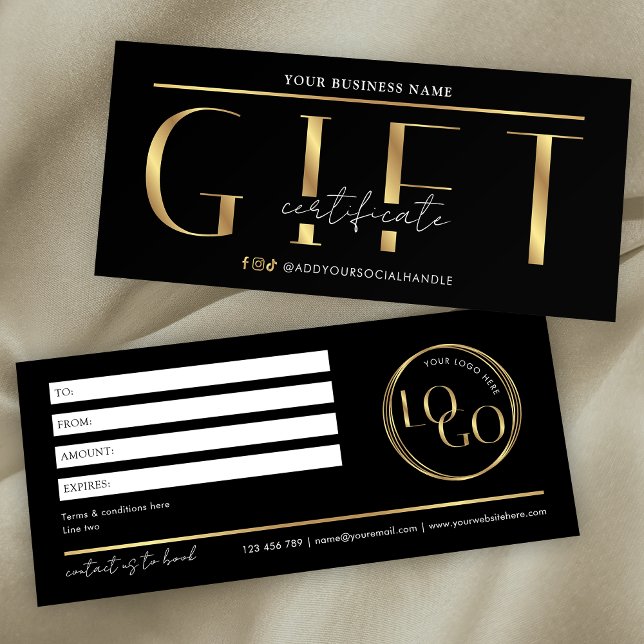 Glam Black & Gold Logotipo Spa Certificado de rega (Modern black and gold effect gift certificate with space for your custom text and logo)