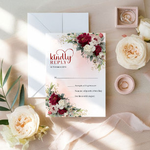 Glam Boho Rojo y Blanco Floral Dorado RSVP de Boda