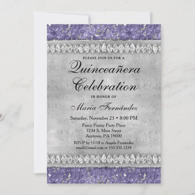 Glam de plata de invitación Quinceañera de diamant (Anverso)