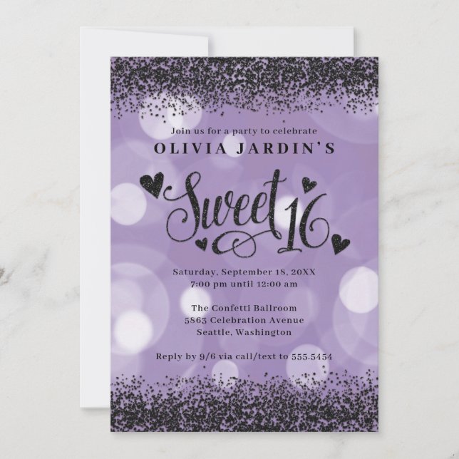 Glam dulce negro y morado 16 invitación (Anverso)
