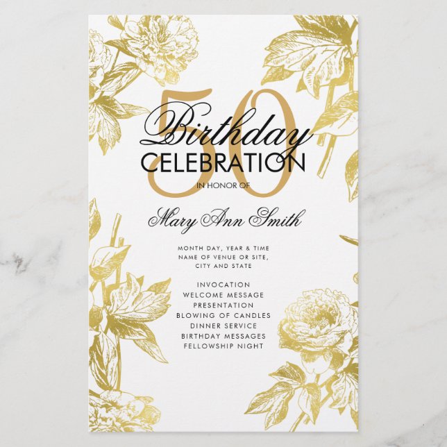 Glam Floral 50th Birthday Program Gold Menu (Frente)