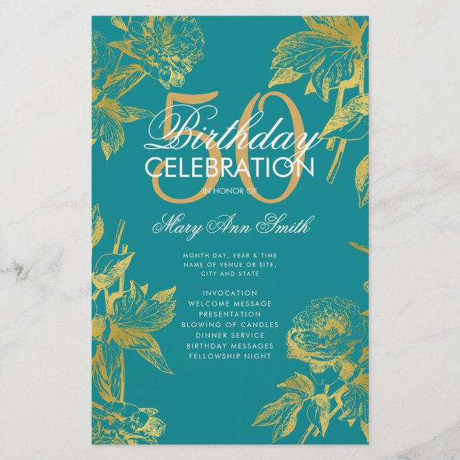 Glam Floral 50th Birthday Program Gold Menú Verde  (Frente)