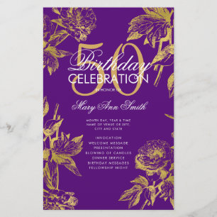 Glam Floral 50th Birthday Program Gold Purple Menu