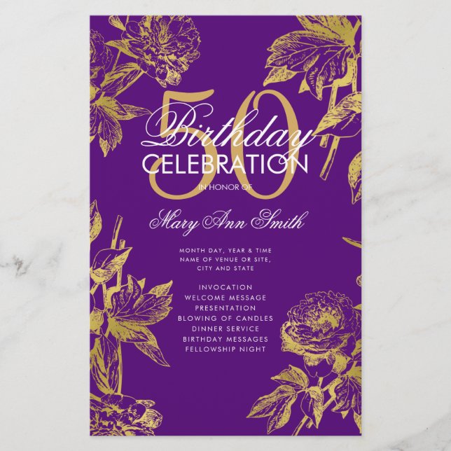 Glam Floral 50th Birthday Program Gold Purple Menu (Frente)