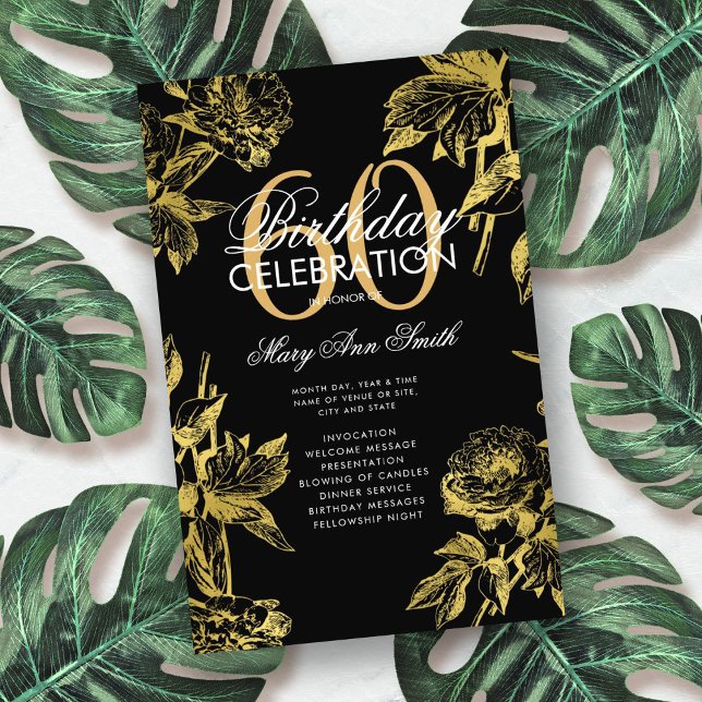 Glam Floral 60th Birthday Program Gold Black Menu (Subido por el creador)