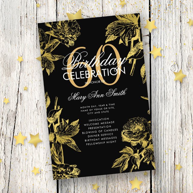 Glam Floral 60th Birthday Program Gold Black Menu (Subido por el creador)