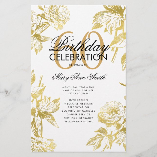 Glam Floral 60th Birthday Program Gold Menu (Frente)