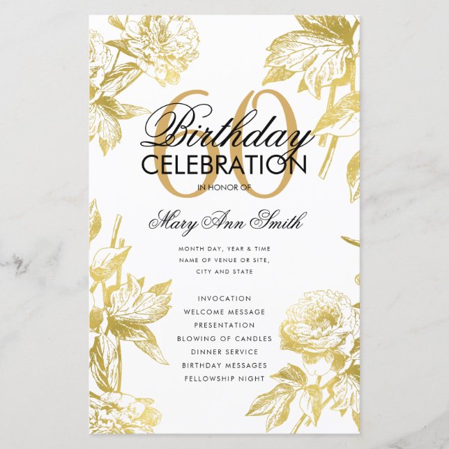 Glam Floral 60th Birthday Program Gold Menu (Anverso)