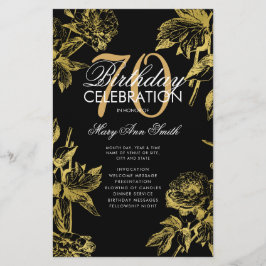 Glam Floral 70th Birthday Program Gold Black Menu