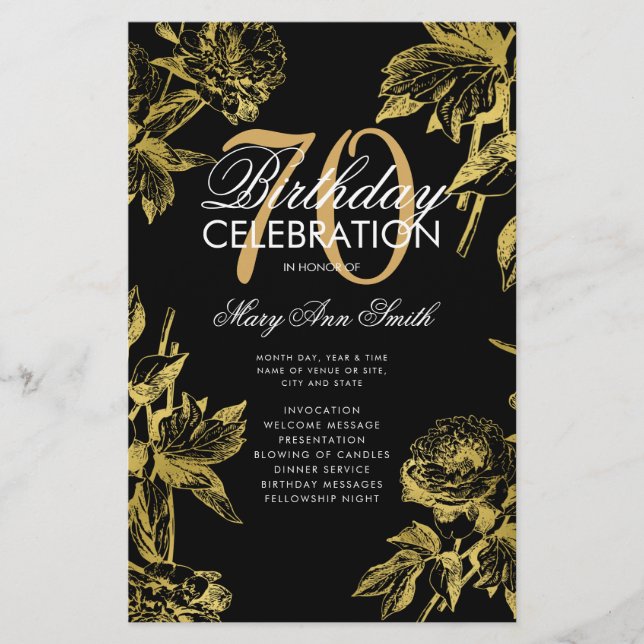 Glam Floral 70th Birthday Program Gold Black Menu (Frente)