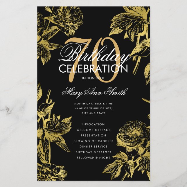 Glam Floral 70th Birthday Program Gold Black Menu (Anverso)