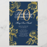 Glam Floral 70th Birthday Program Gold Navy Menu<br><div class="desc">Elegante diseño "Programa de fiesta de cumpleaños" con Arreglo floral en oro con texto personalizado.</div>