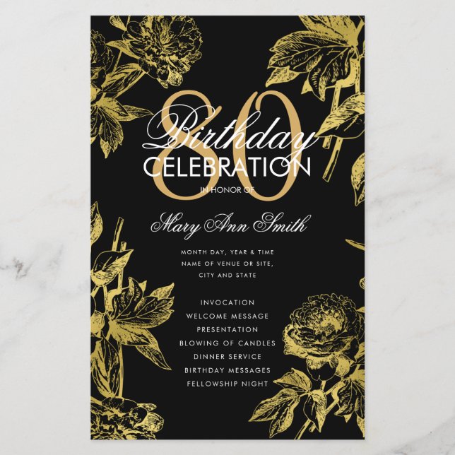 Glam Floral 80th Birthday Program Gold Black Menu (Anverso)