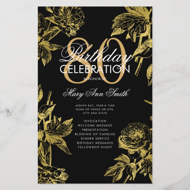 Glam Floral 80th Birthday Program Gold Black Menu (Frente)
