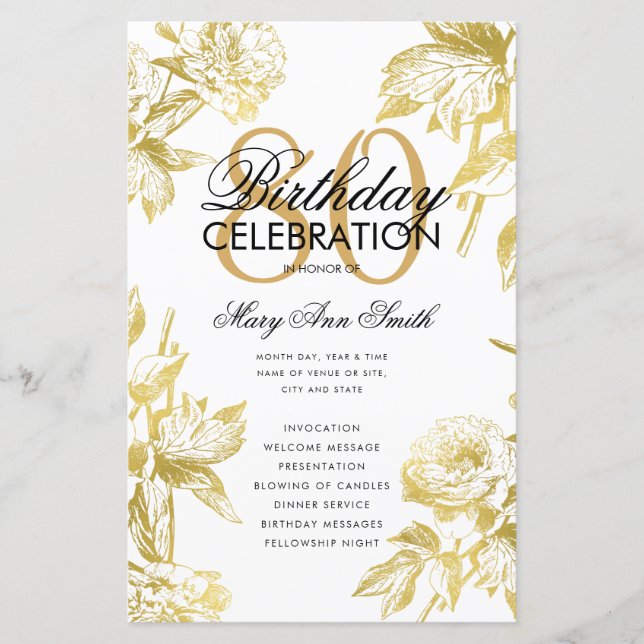 Glam Floral 80th Birthday Program Gold Menu (Anverso)