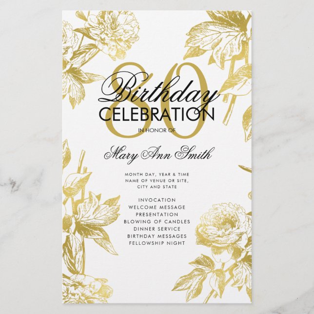 Glam Floral 80th Birthday Program Gold Menu (Frente)
