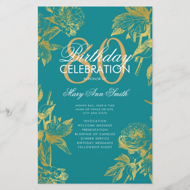 Glam Floral 80th Birthday Program Gold Menú Verde  (Frente)