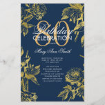 Glam Floral 80th Birthday Program Gold Navy Menu<br><div class="desc">Elegante diseño "Programa de fiesta de cumpleaños" con Arreglo floral en oro con texto personalizado.</div>