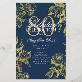 Glam Floral 80th Birthday Program Gold Navy Menu