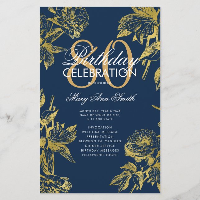 Glam Floral 80th Birthday Program Gold Navy Menu (Frente)